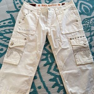 Rock Revival Capri Pants Women's 27 White Ripstop Cargo Pocket Studded Y2K